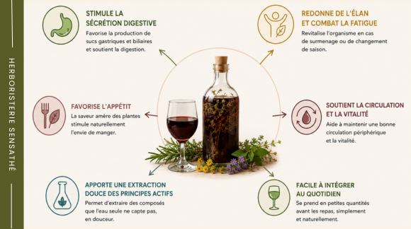 Schéma des bienfaits du vin médicinal aux plantes  digestion, appétit, vitalité et circulation - Herboristerie Sensathé